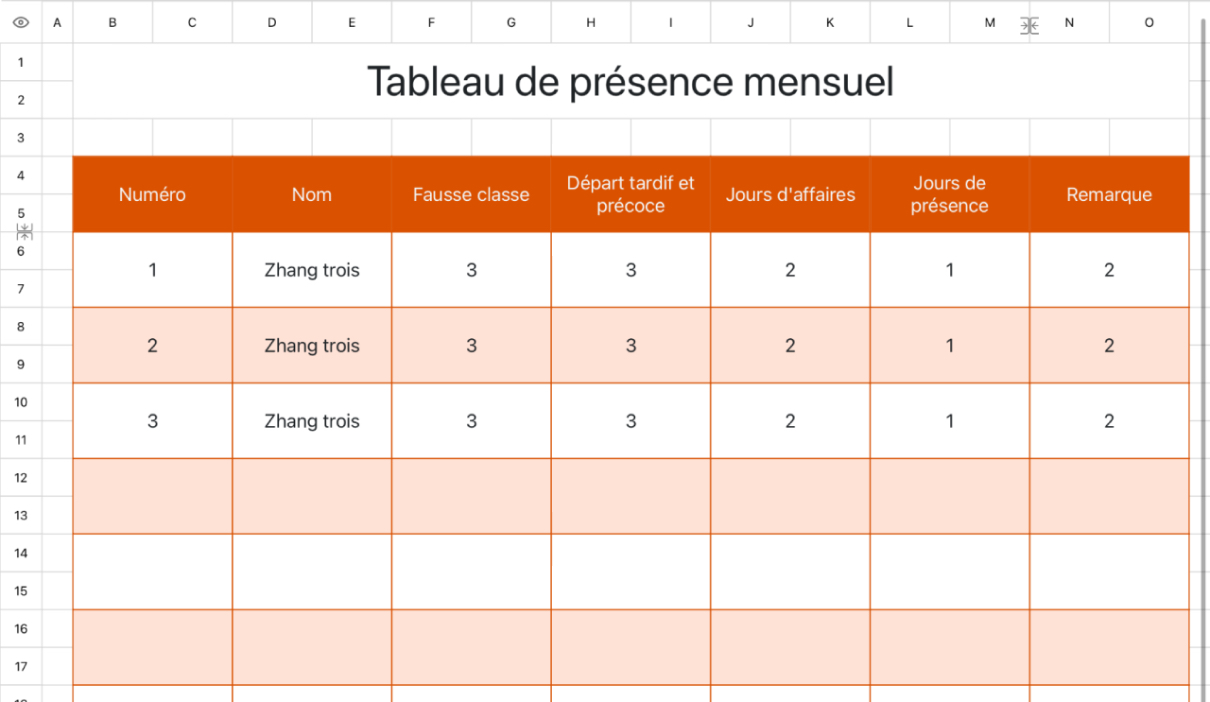 Tableau de présence mensuel